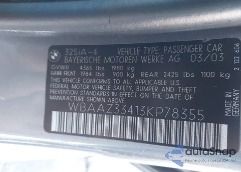 2003 BMW 325I z USA, uszkodzony, nr VIN WBAAZ33413KP78355